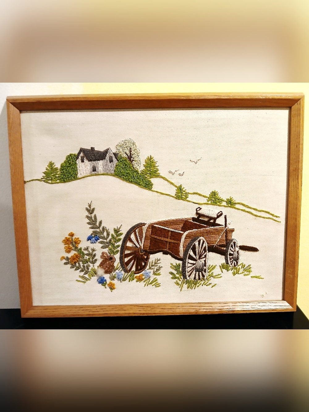 Vintage Framed Hand-Embroidered Rustic Wagon Wall Art - Brown & Green
